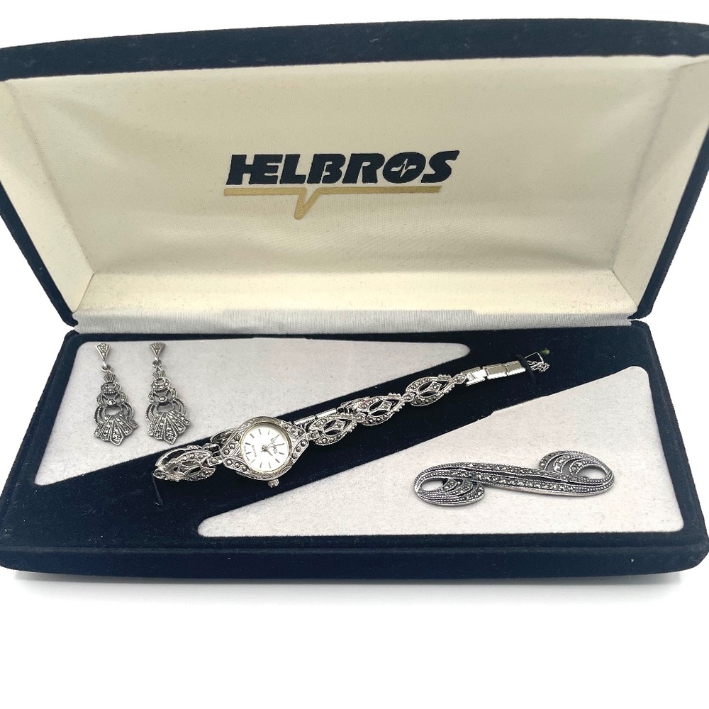 3 Piece Helbros Watch, Earrings, Brooch Sterling Silver